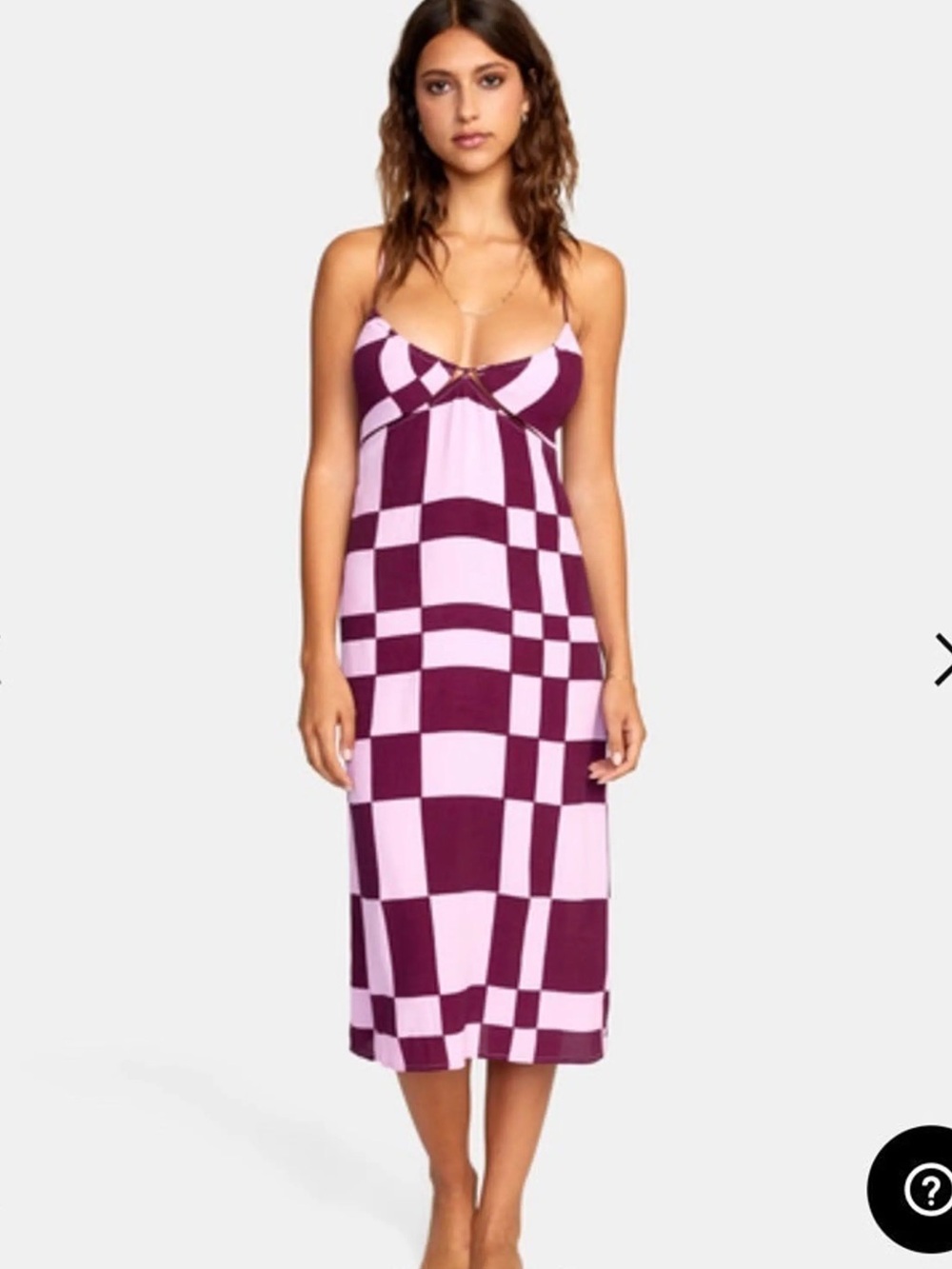 RVCA No Judgement Midi Dress Purple Ruched Check Cutout Open Back Sz L